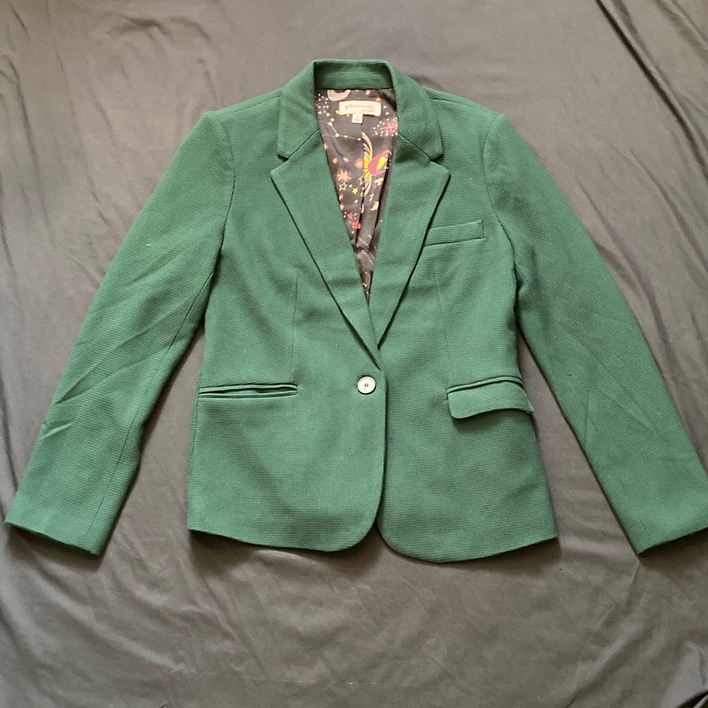 Philosophy Forest Green Women’s Blazer Jacket Celestial Sun Moon Lining Size 8